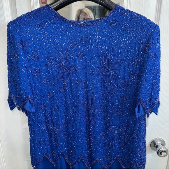BRILLIANTE by J.A. Vintage Short sleeve cobalt blue formal gown with beading- 1X - Picture 4 of 15